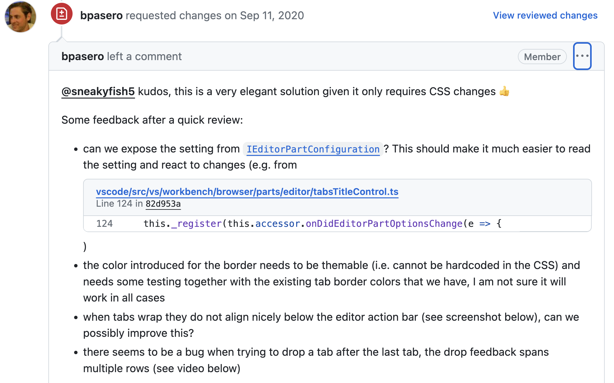 Example of a code review comment